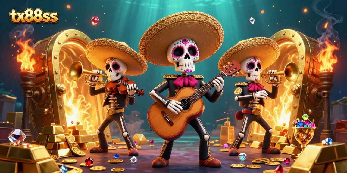 Experience exciting gaming with tx88sss through vibrant, detailed illustrations of a lively mariachi band amidst treasures.