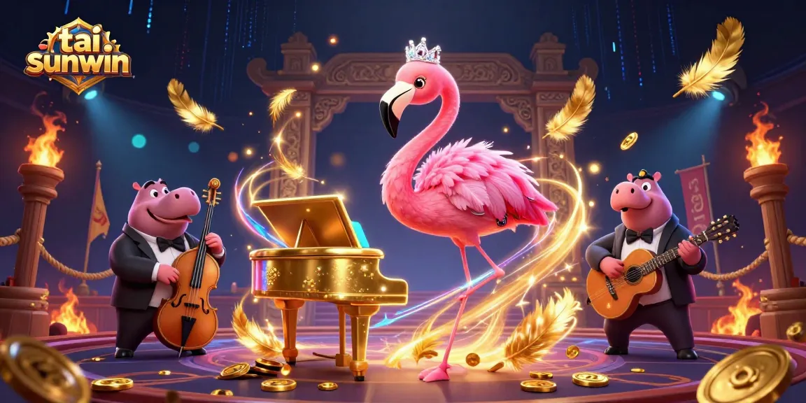 An exciting scene showcasing tai sunwin with a flamingo singer and hippo bassist amidst swirling golden coins and vibrant casino elements.