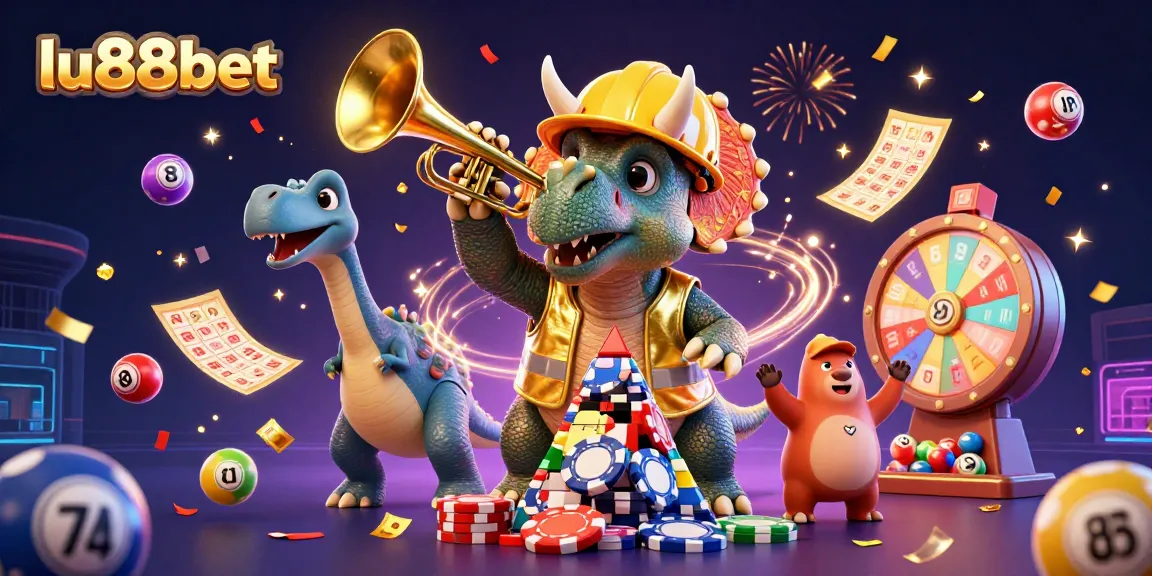 Experience excitement with lu88bet as a triceratops builds poker chip pyramid amidst lottery celebrations.