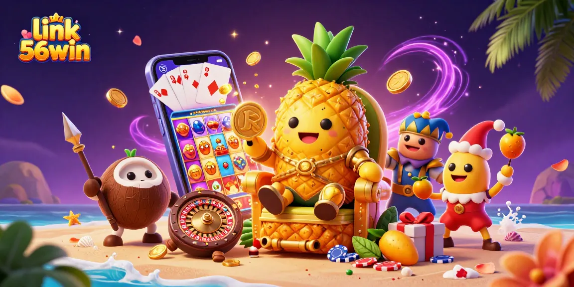 Engage with link 56win in a vibrant beach casino scene featuring a golden pineapple king and dynamic gaming elements.