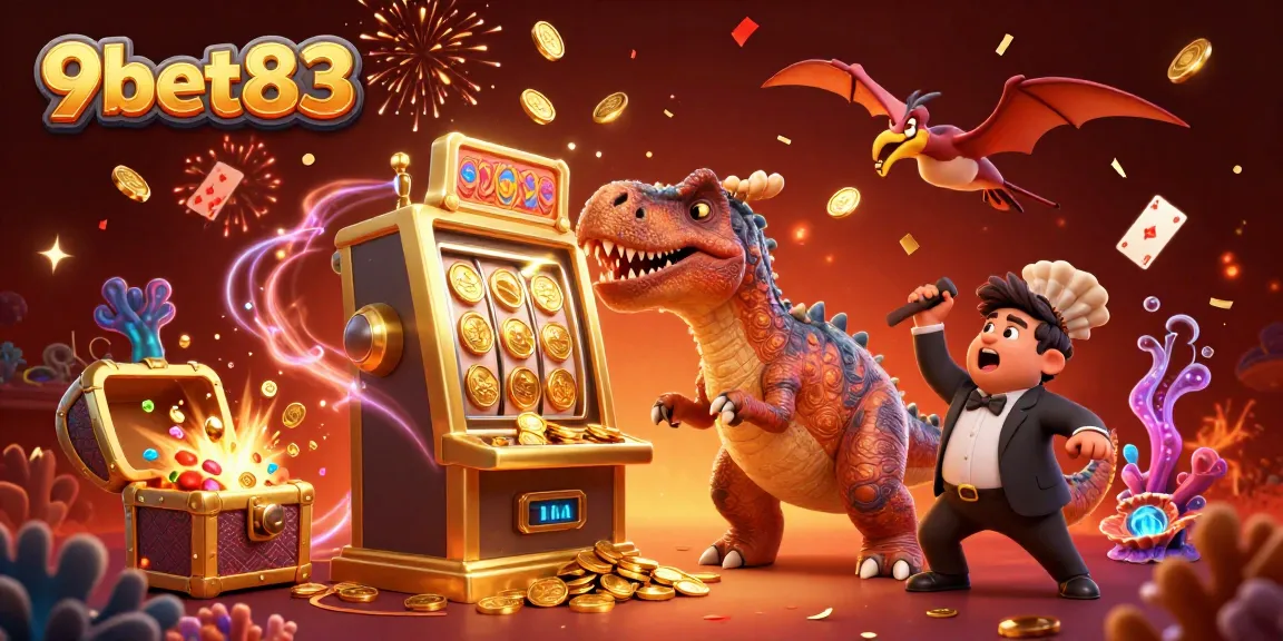 Watch 9bet83 unleash a jackpot as a cartoon dino headbutts a slot machine amidst casino excitement.