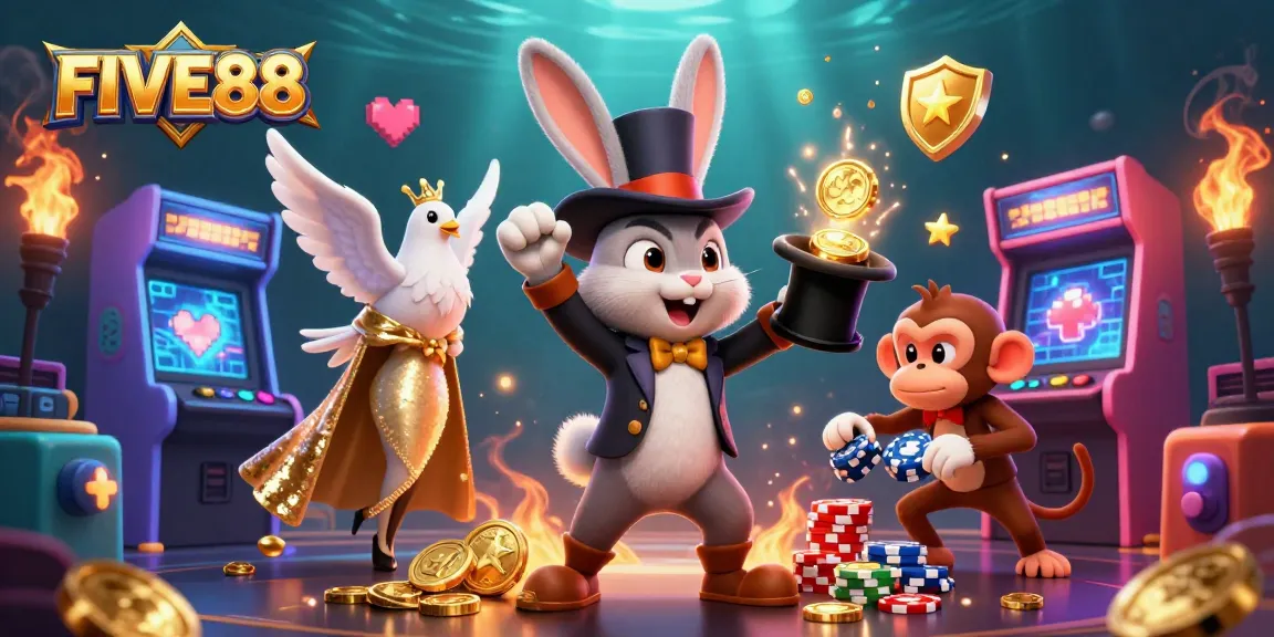 Engage with FIVE88's exciting gameplay featuring a magician rabbit, dove, and monkey in a vibrant casino scene.