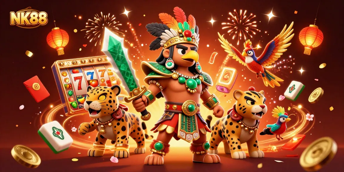 Win big with NK88: Vibrant 3D scene featuring Aztec warriors and spinning slot reels.