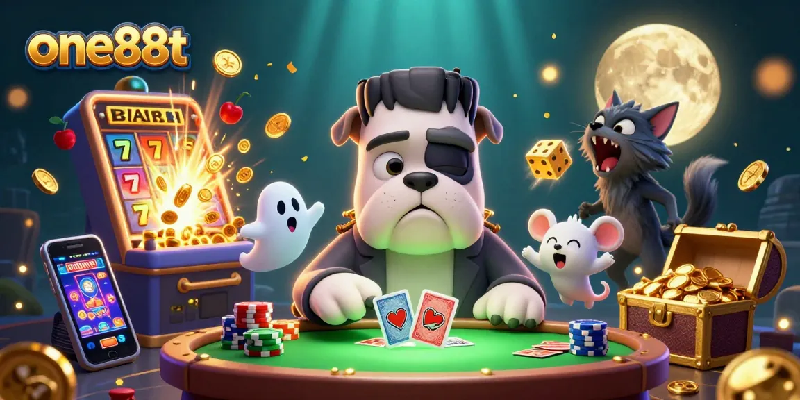 Experience exciting gameplay with one88t as the 3D Frankenstein bulldog dealer amidst casino chaos!