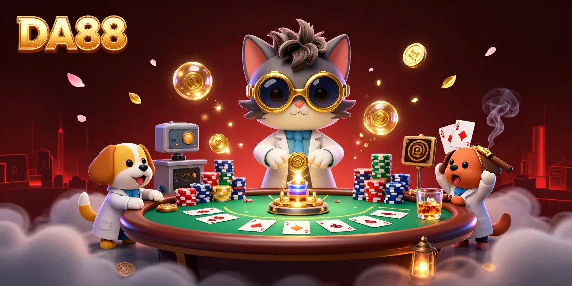 DA88 brings excitement with a 3D casino-themed illustration featuring poker scenes and vibrant characters.