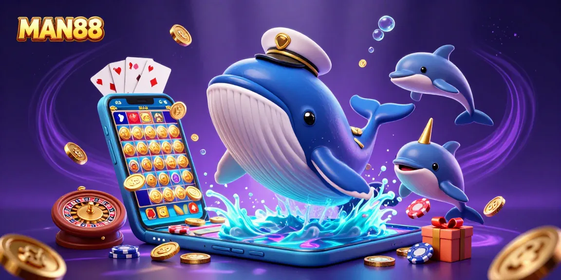 Join the excitement of MAN88 with whales, dolphins, and coins in a vibrant casino scene!