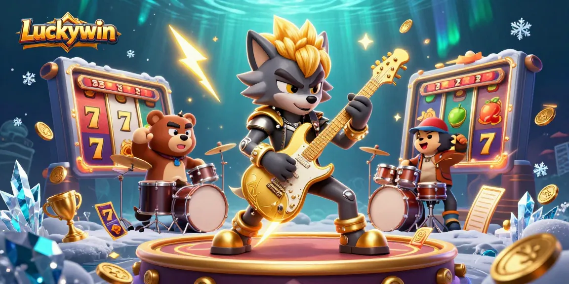 Luckywin: Immerse yourself in vibrant casino action with a rock star wolf and a drummer bear.