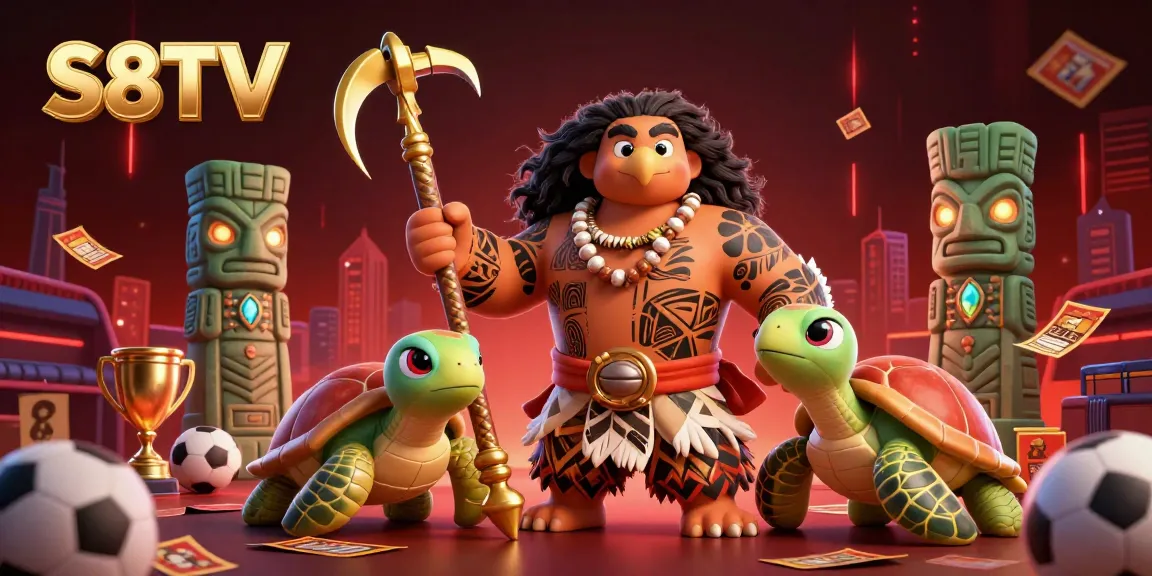 S8TV offers thrilling sports betting action with a vibrant illustration featuring Maui and a turtle amidst dynamic gameplay elements.