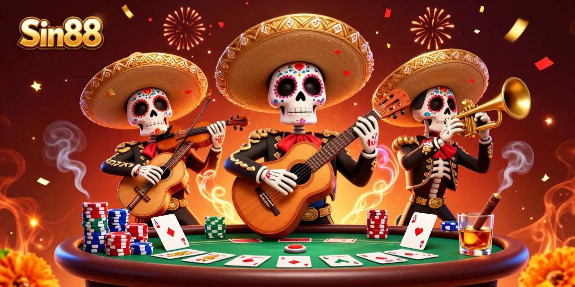 Experience the festive excitement of Sin88 with a vibrant mariachi poker scene celebrating winnings!