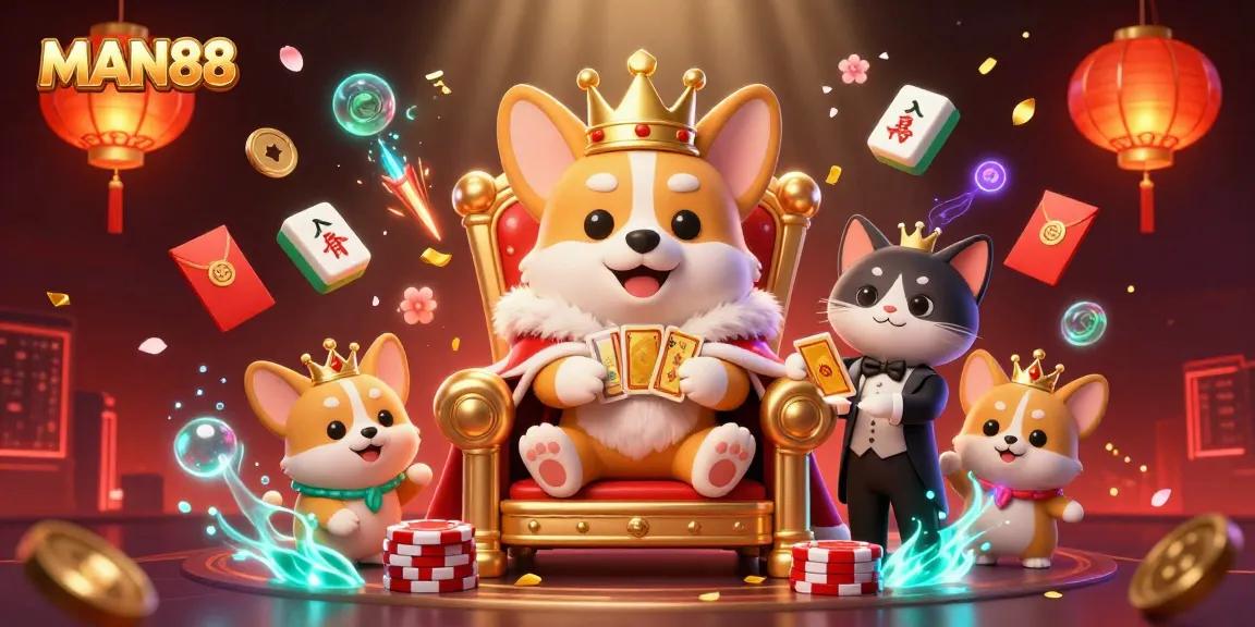Experience fast-paced betting with MAN88, featuring a royal corgi themed casino scene filled with excitement.
