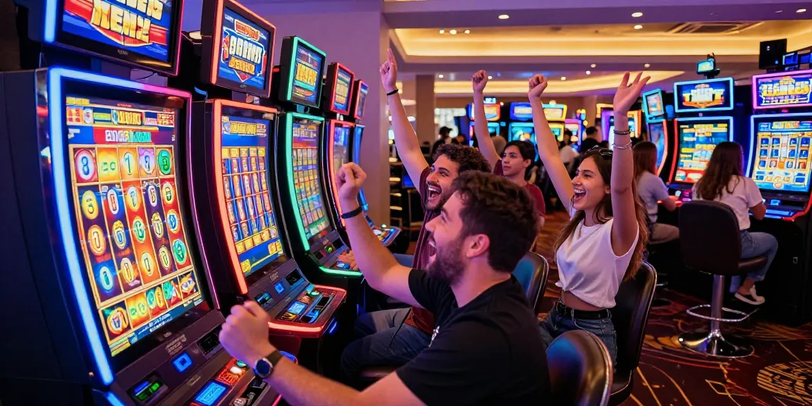 Group of friends celebrating a big win at a slot gacor machine in a vibrant casino