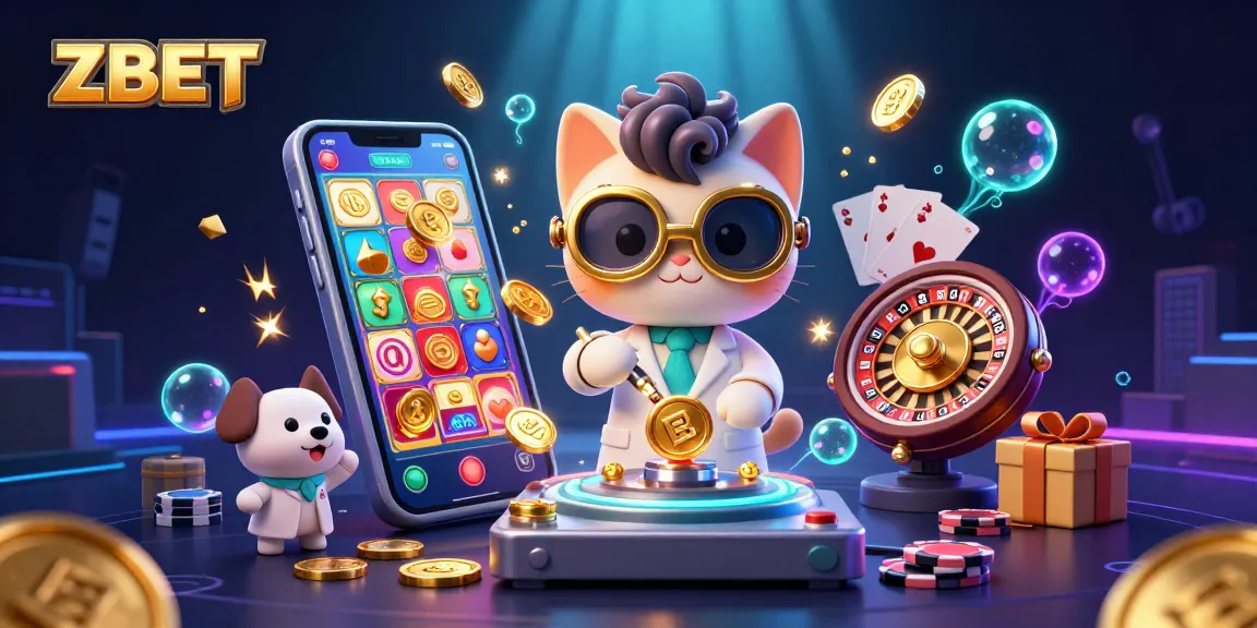 ZBET showcases a dynamic casino scene with a mad scientist cat and dog amidst gold coins and glowing slot reels.