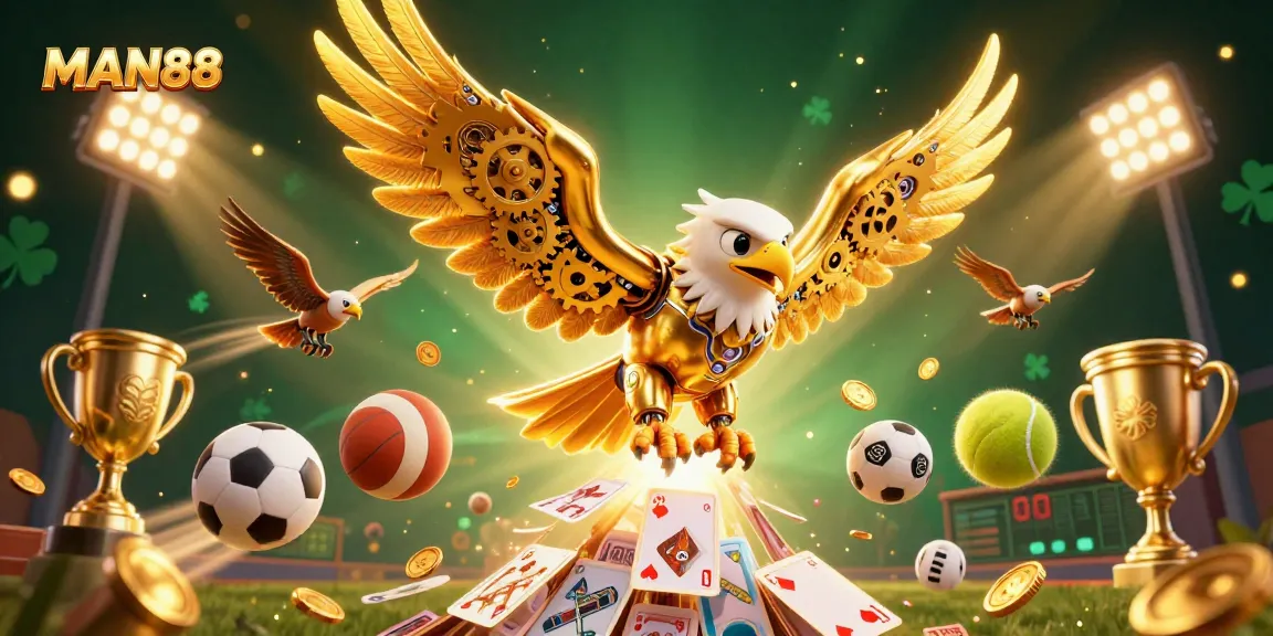 Experience thrilling sports betting at MAN88 with a stunning illustration of a cybernetic eagle diving through holographic cards.