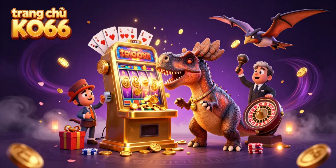 Engaging scene of trang chủ KO66 with a dinosaur celebrating a jackpot, radiating excitement.