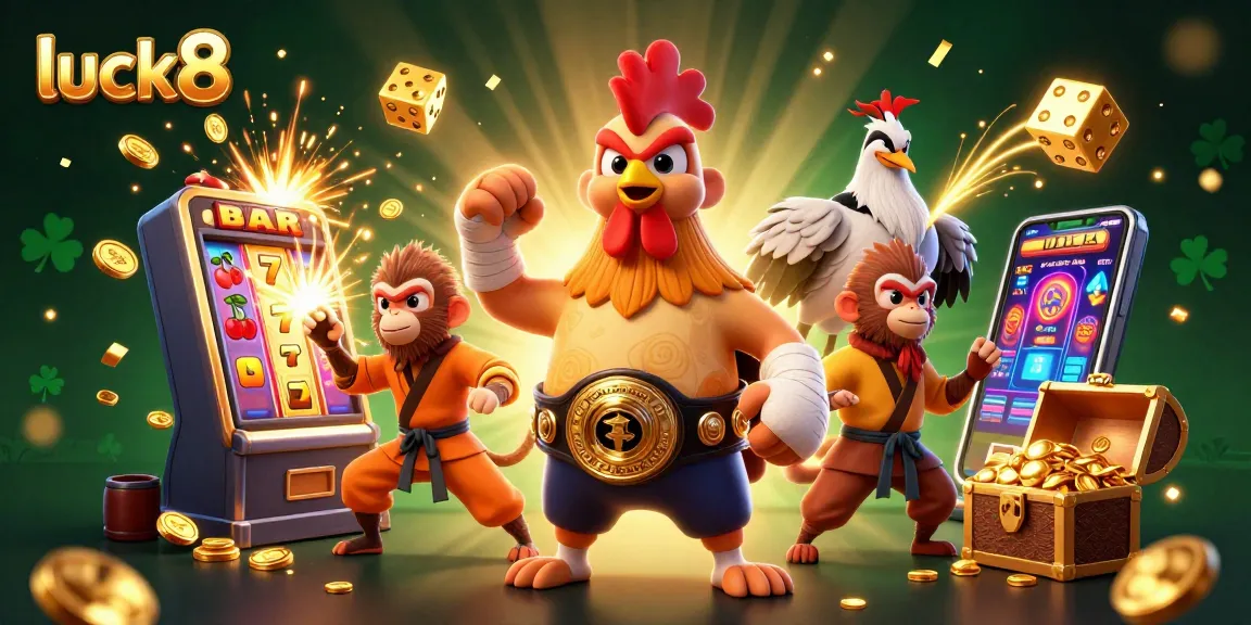Experience luck8 with a Muay Thai rooster, monkey martial artist, and crane, amid casino games and jackpots.