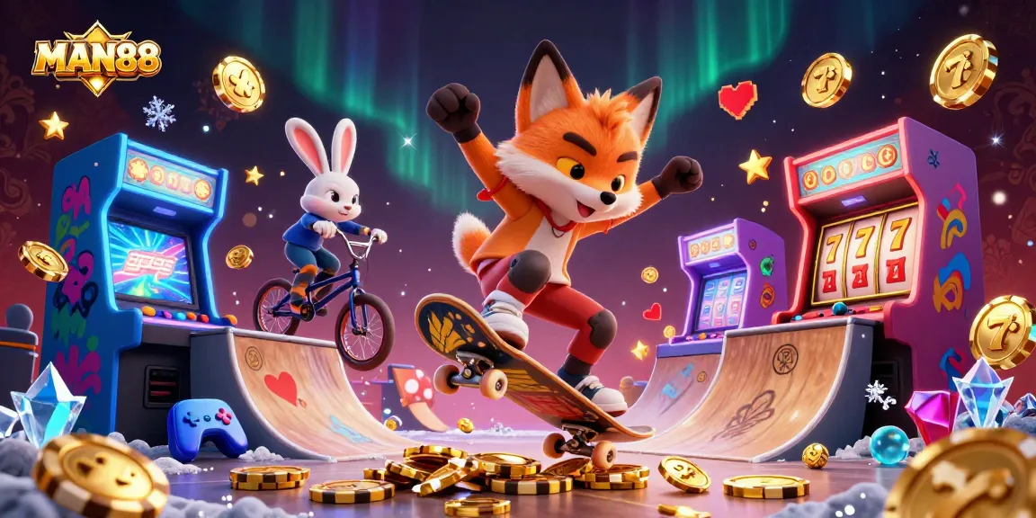 Join the adventure with MAN88 - A skateboarder fox and BMX rabbit in a vibrant casino world!