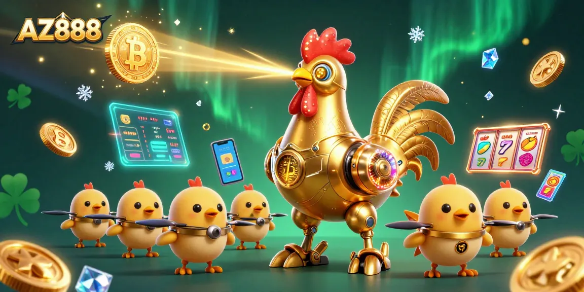 Engage with AZ888's vibrant online casino theme featuring a golden rooster robot and crypto elements.