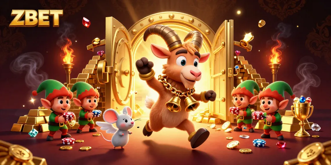 Experience thrilling gameplay at ZBET casino with festive characters amidst sparkling treasures.